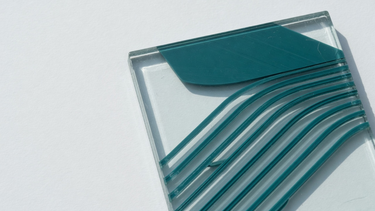 A thick optical glass slab on white paper, teal channels resolving into one plane. No people.