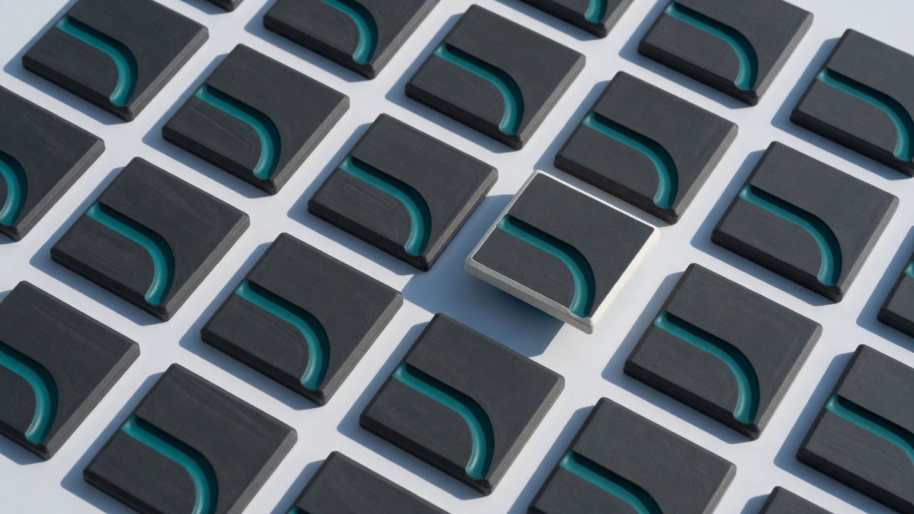 A grid of dark ceramic modules with teal channels, one module lifted. No people, no text.